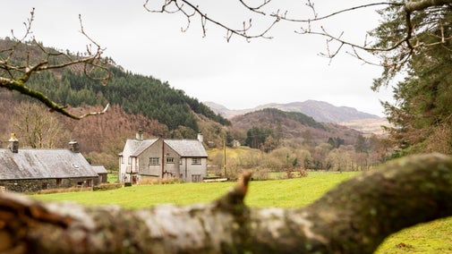 Y Wenallt, viewed from across a field, with woodland and hills of Eryri (Snowdonia) in the background, North Wales